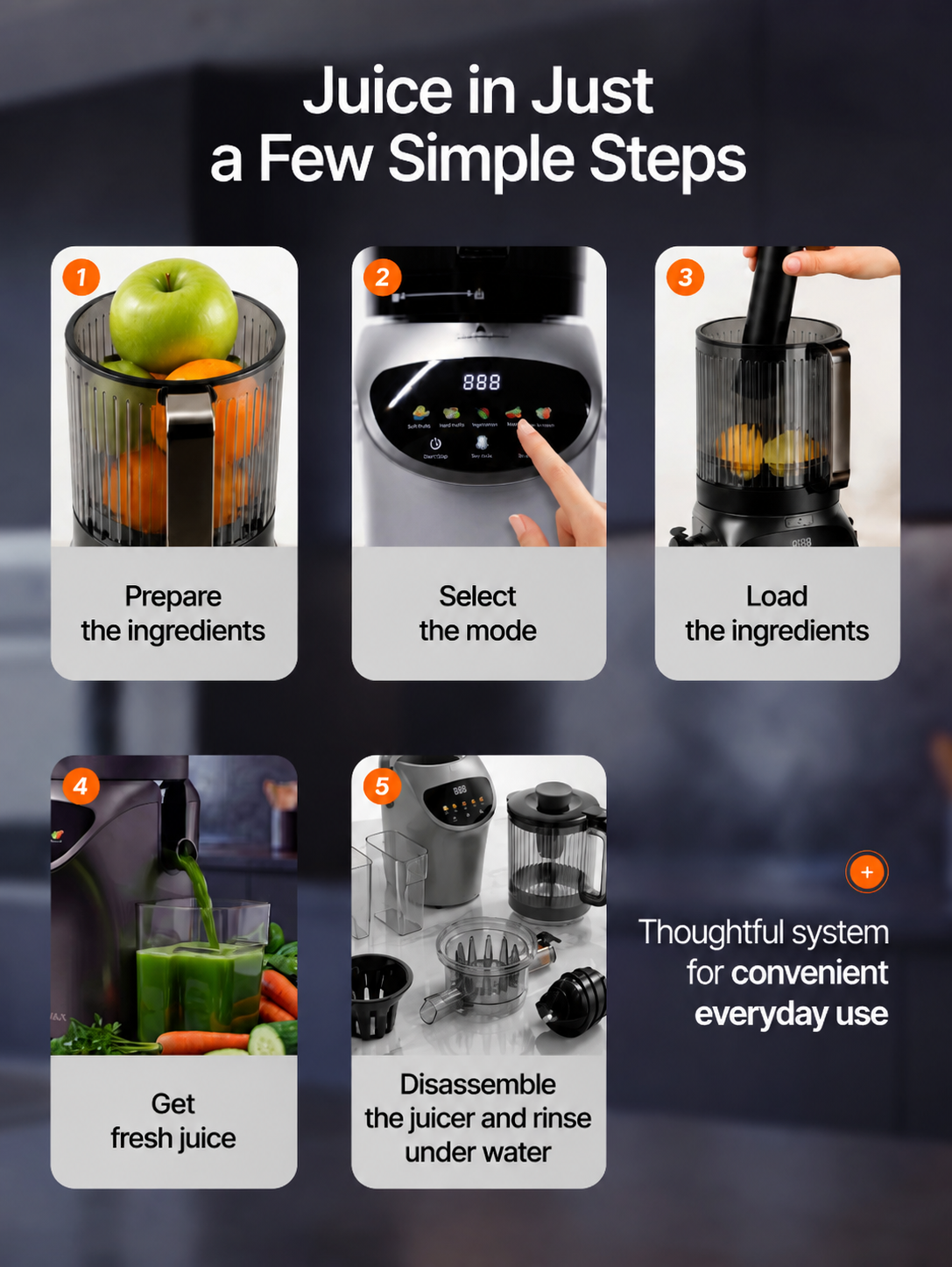 HOMTTO Cold Press Slow Juicer,156mm Feed Chute,Quiet 60dB Juice Extractor