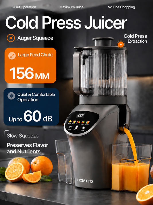 HOMTTO Cold Press Slow Juicer,156mm Feed Chute,Quiet 60dB Juice Extractor