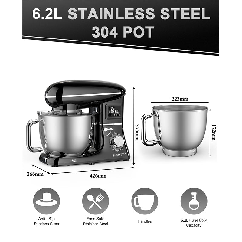 HOMTTO 1500W 3 in 1 Smart Display Stand Mixer 6.2L Stand Bowl 6-Speeds