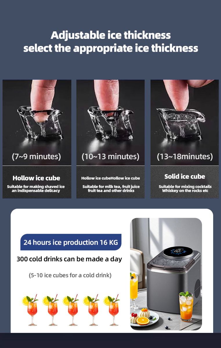 HOMTTO 16kg/24Hr Cube Ice Maker - 12 Cubes in 14 Mins, 1.5L, Touchscreen