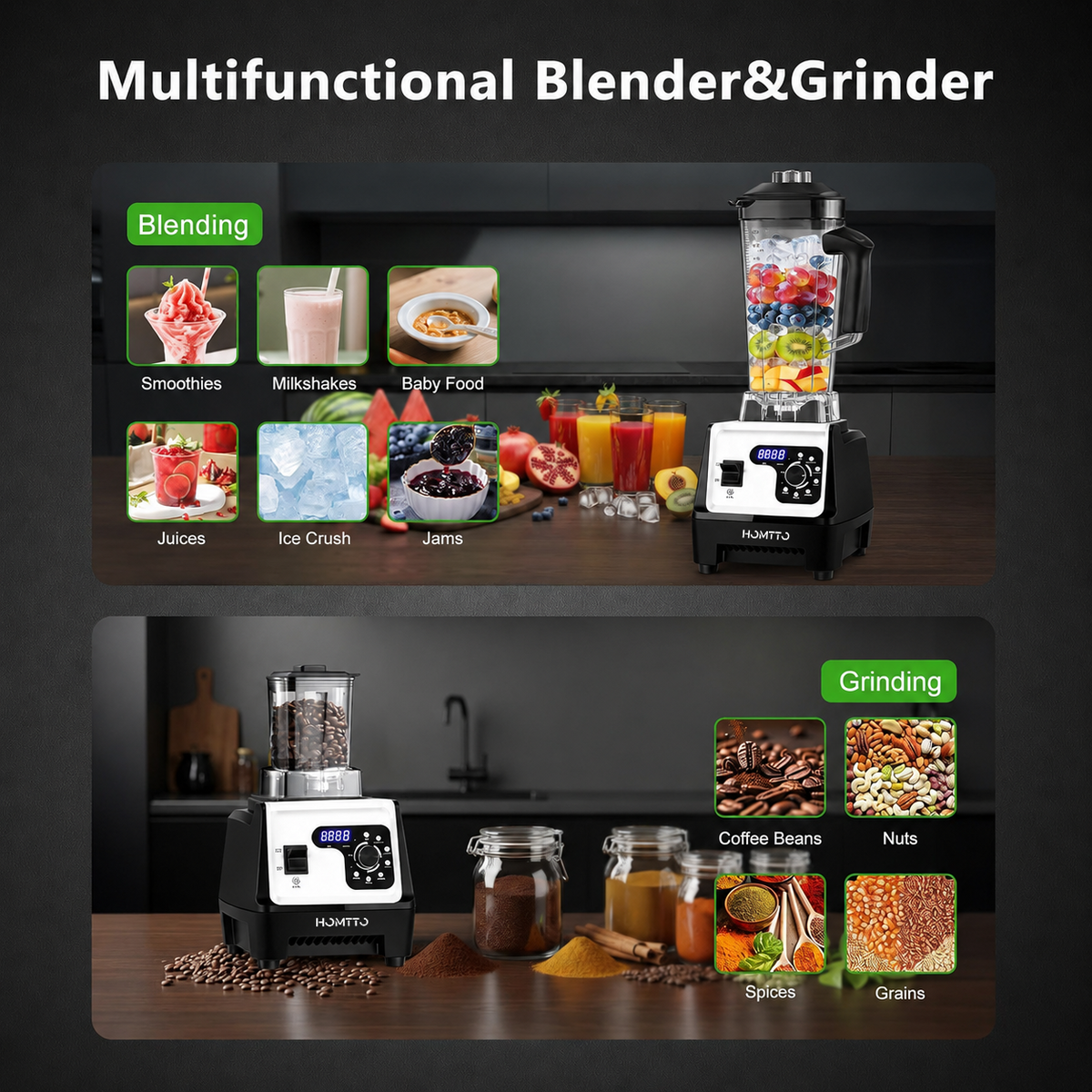 HOMTTO Smart Soft-Start Anti-Splash Blender 1200W with Dual Cups - 2.5L