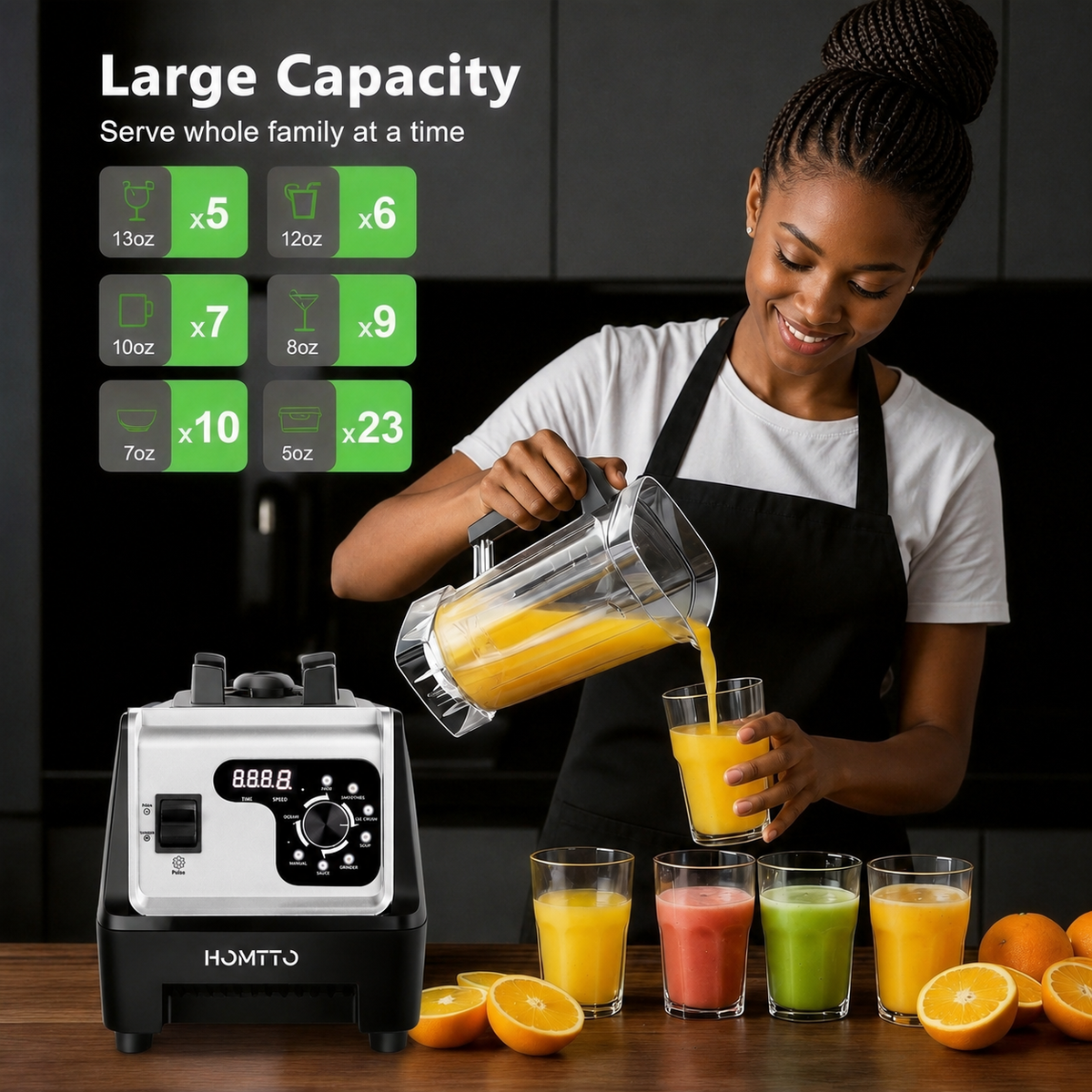 HOMTTO Smart Soft-Start Anti-Splash Blender 1200W with Dual Cups - 2.5L