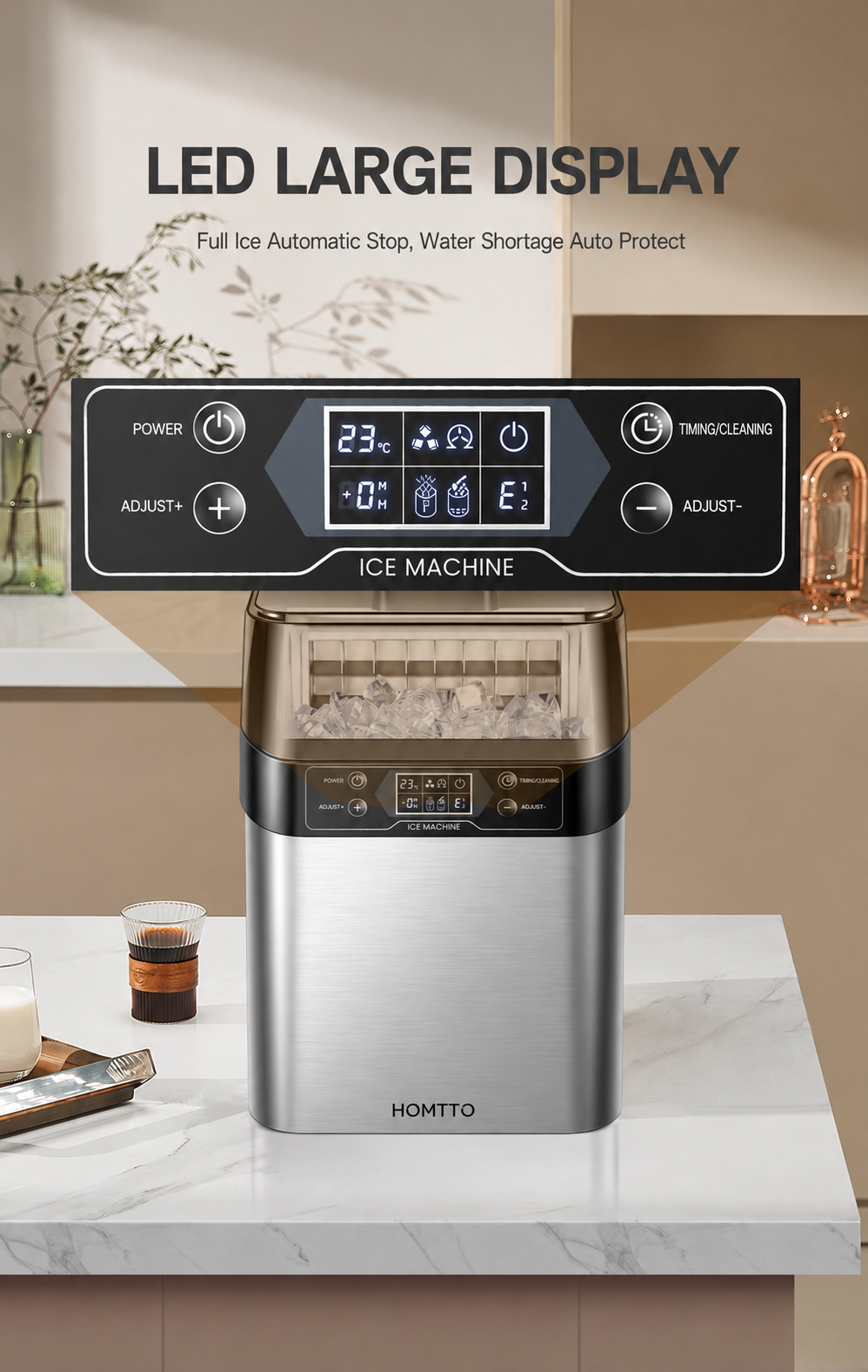 HOMTTO Ice Maker Machine-24 Cubes,13 Thickness Levels,Self-Cleaning & Timer