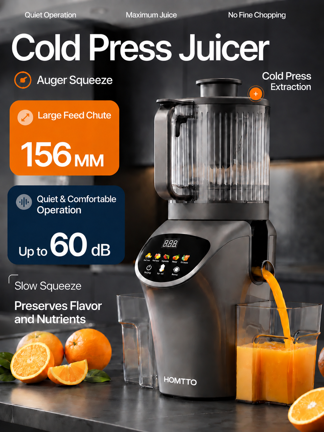 HOMTTO Cold Press Slow Juicer,156mm Feed Chute,Quiet 60dB Juice Extractor
