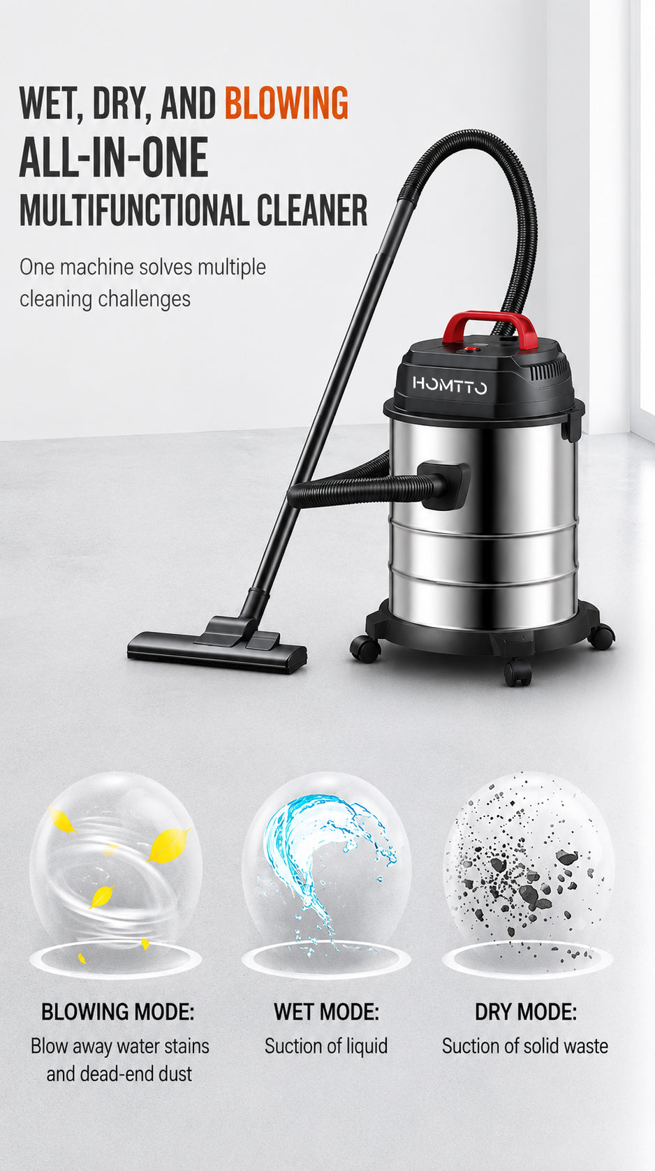 HOMTTO Wet Dry Vacuum 20L Stainless Steel 1500W Blower Function