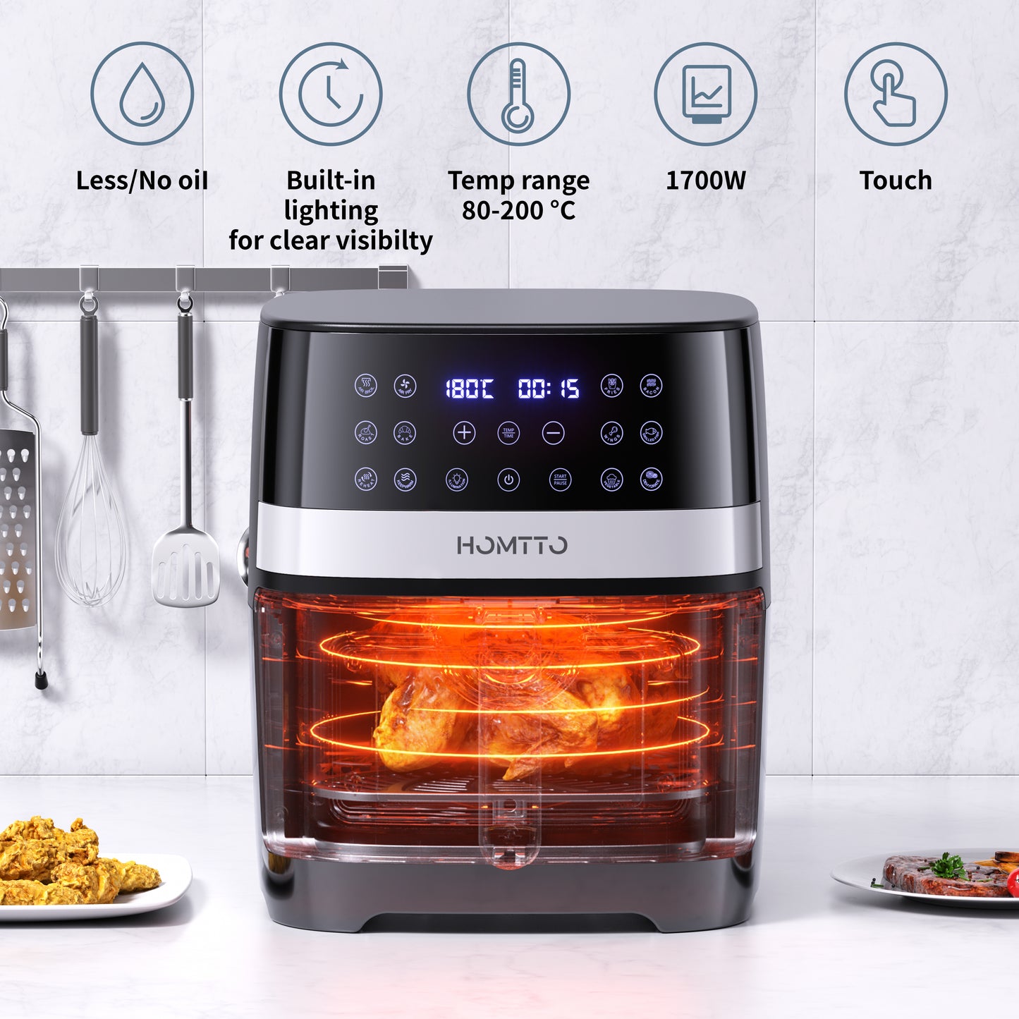HOMTTO Visible Window Stainless Steel Air Fryer-8L