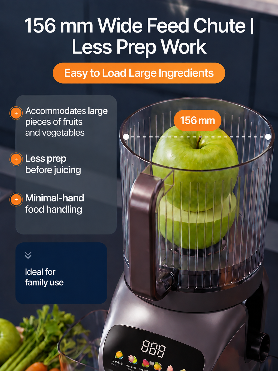 HOMTTO Cold Press Slow Juicer,156mm Feed Chute,Quiet 60dB Juice Extractor