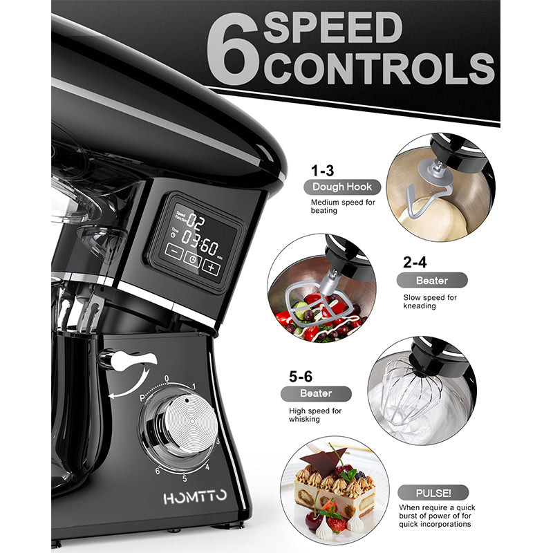 HOMTTO 1500W 3 in 1 Smart Display Stand Mixer 6.2L Stand Bowl 6-Speeds