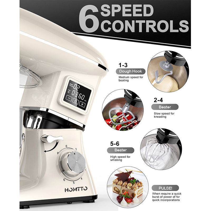 HOMTTO 1500W 3 in 1 Smart Display Stand Mixer 6.2L Stand Bowl 6-Speeds