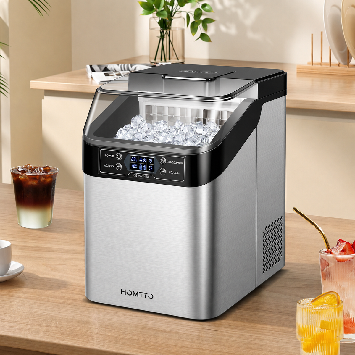 HOMTTO Ice Maker Machine-24 Cubes,13 Thickness Levels,Self-Cleaning & Timer