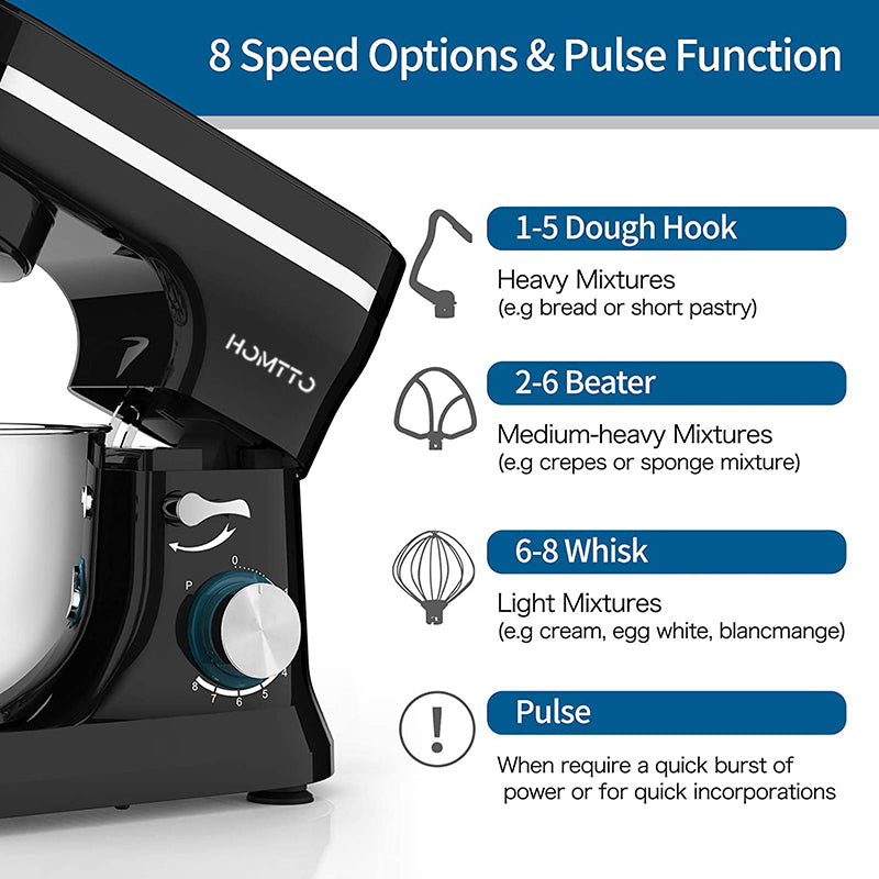 HOMTTO 1000W 4.5L Kitchen Machien Stand Mixer - 8-Speed, Bowl with Handle