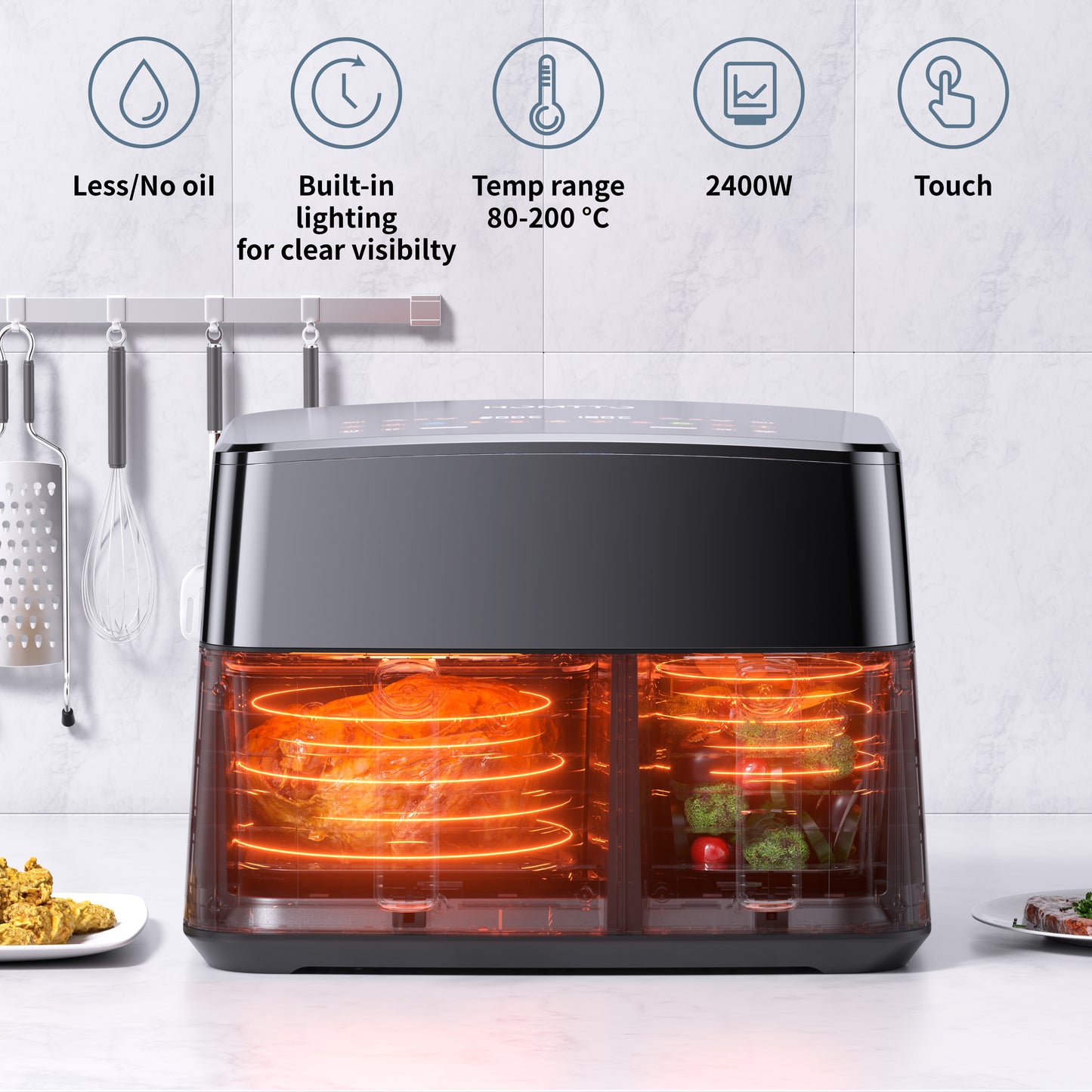 HOMTTO Visible Window Stainless Steel Dual Air Fryer - 9.5L