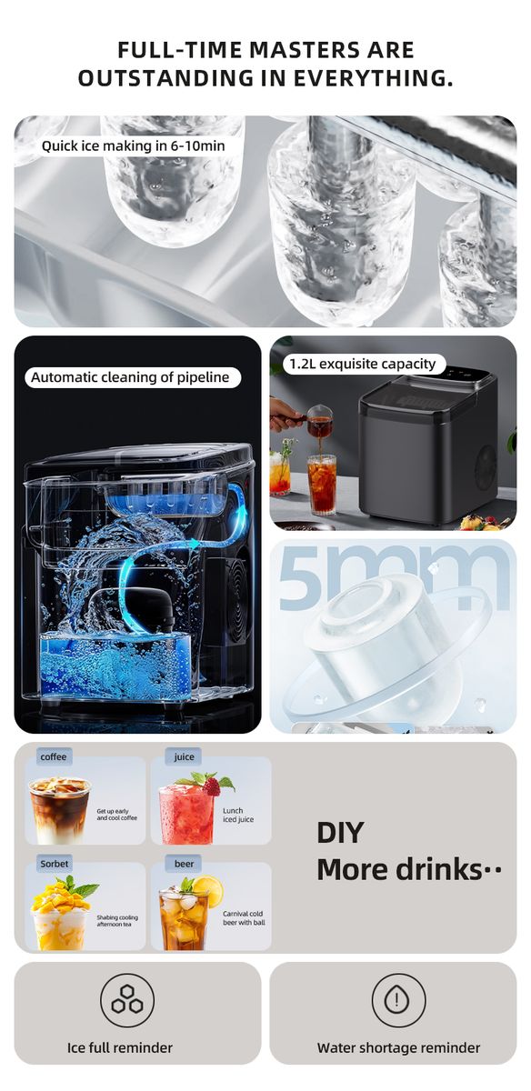 16kg/24Hr Bullet Ice Maker -6- 9 Ice Pieces in 6 -10 Mins,1.2L