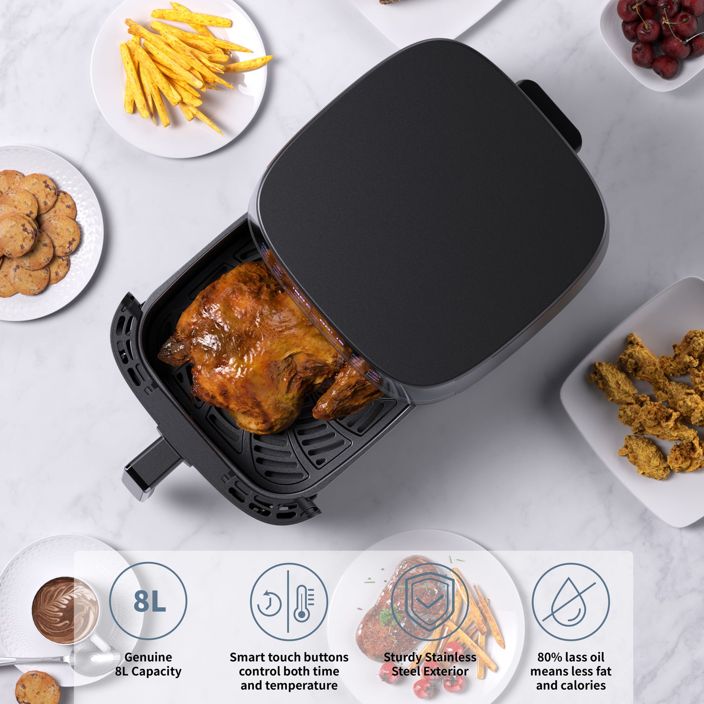 HOMTTO Visible Window Stainless Steel Air Fryer-8L