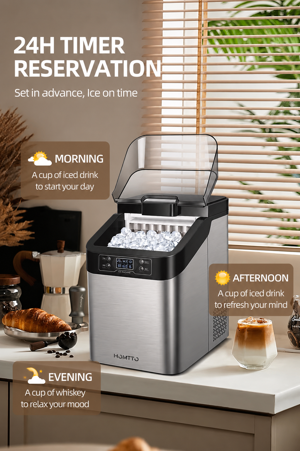 HOMTTO Ice Maker Machine-24 Cubes,13 Thickness Levels,Self-Cleaning & Timer