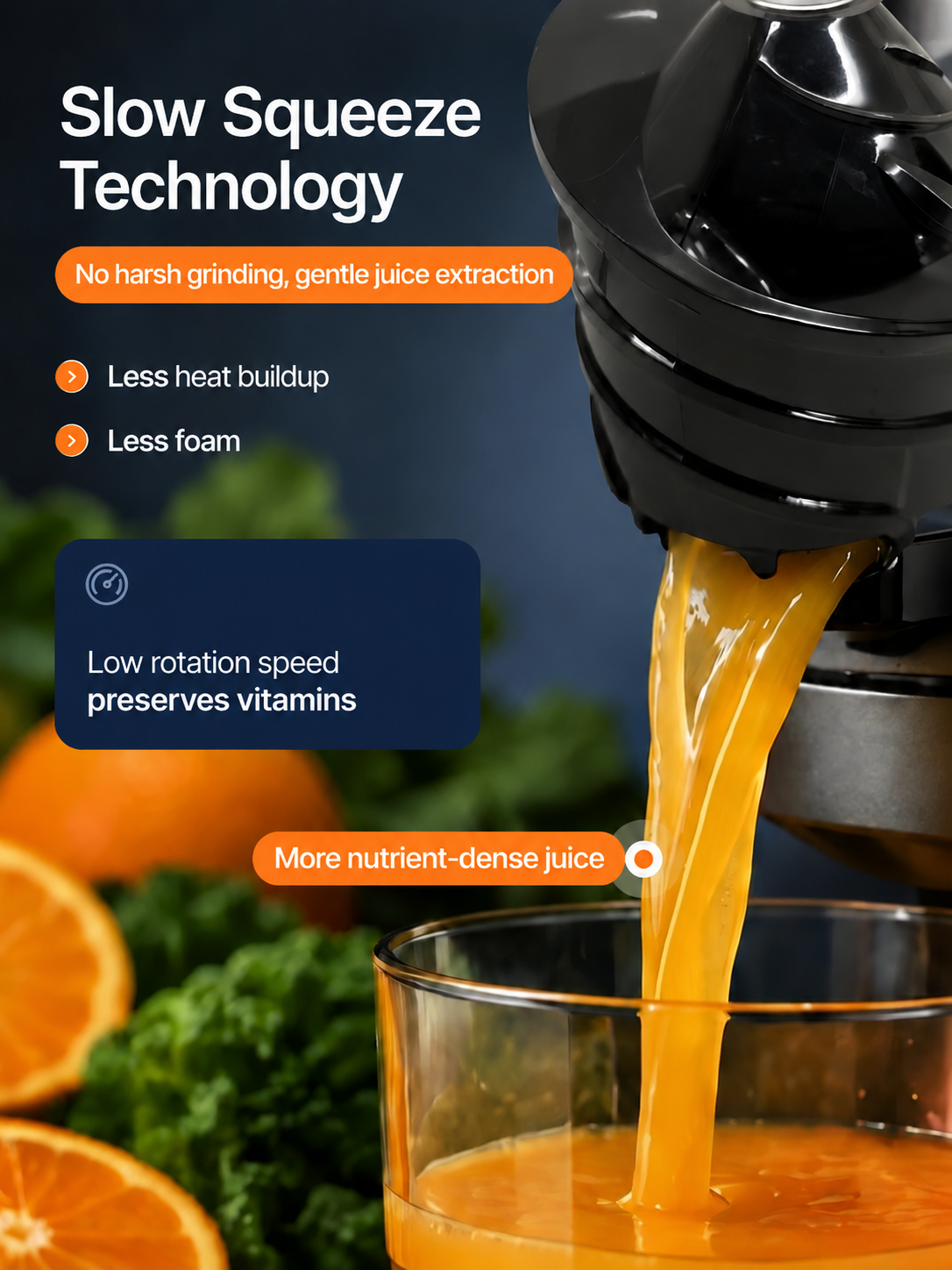 HOMTTO Cold Press Slow Juicer,156mm Feed Chute,Quiet 60dB Juice Extractor