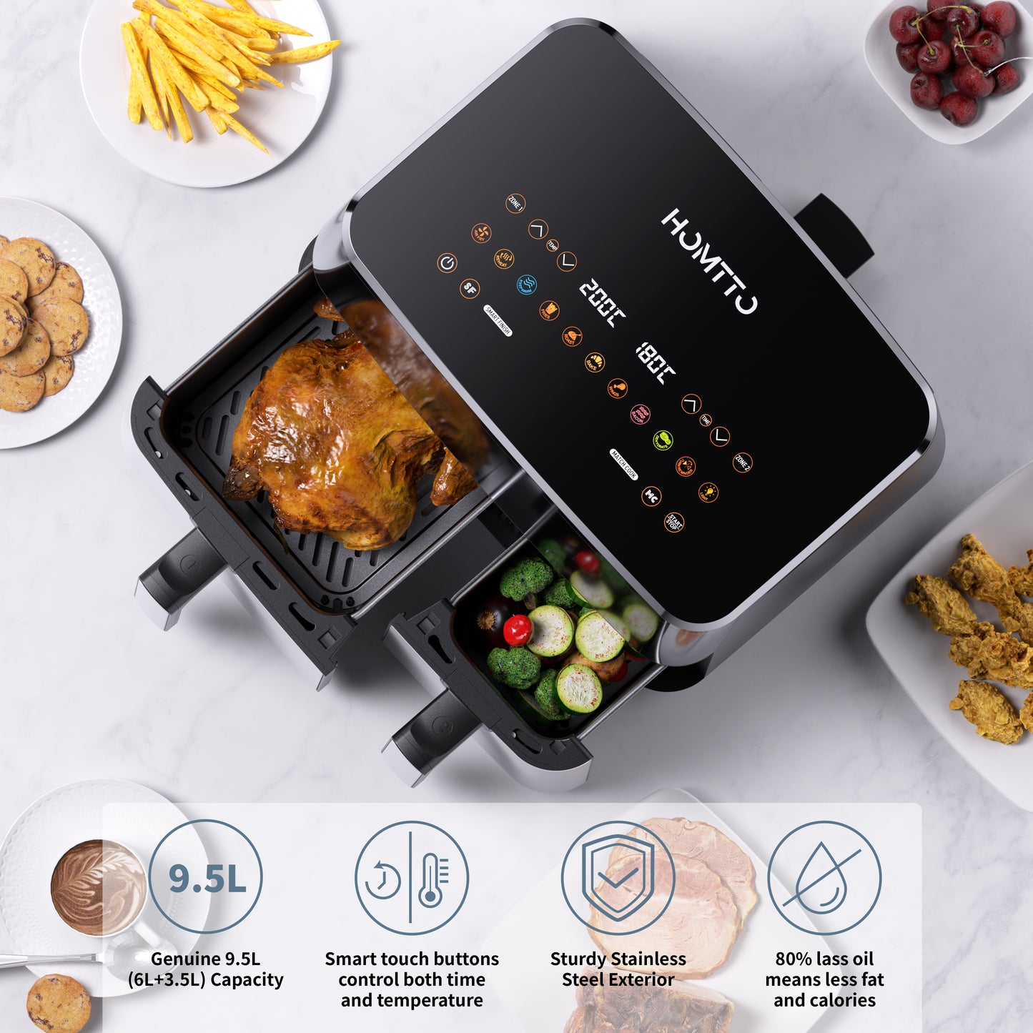 HOMTTO Visible Window Stainless Steel Dual Air Fryer - 9.5L