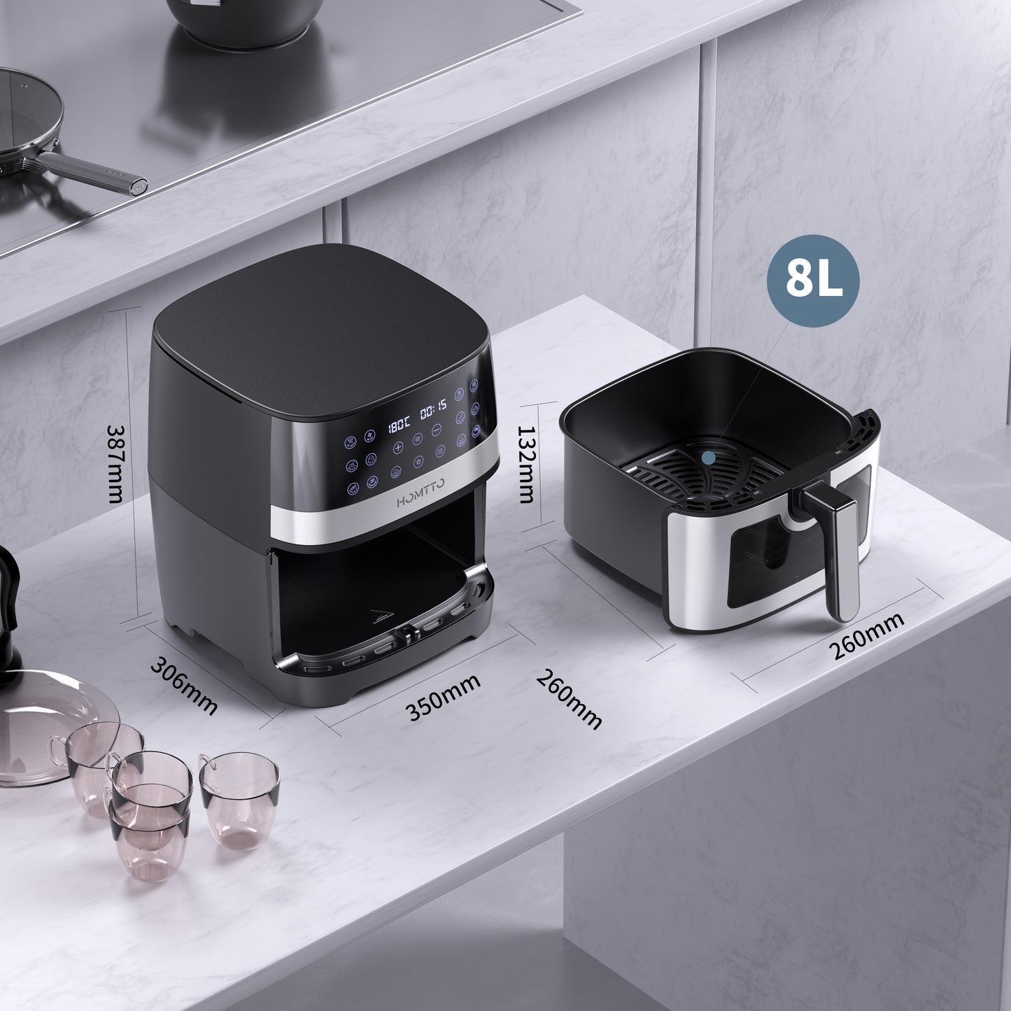 HOMTTO Visible Window Stainless Steel Air Fryer-8L