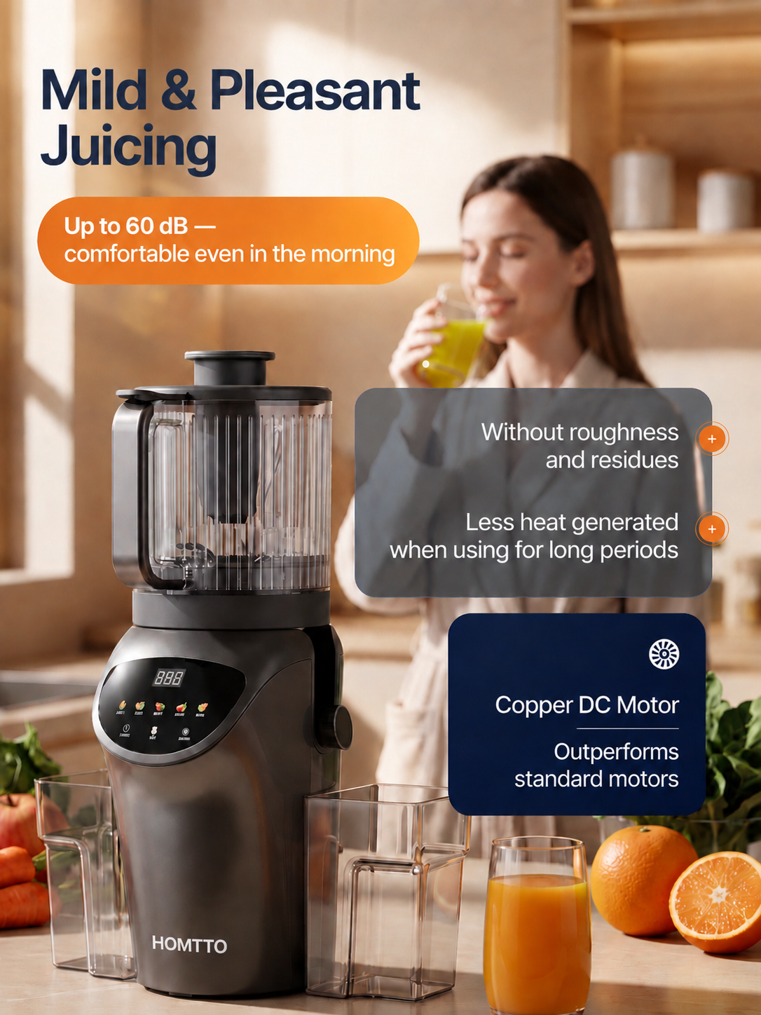 HOMTTO Cold Press Slow Juicer,156mm Feed Chute,Quiet 60dB Juice Extractor