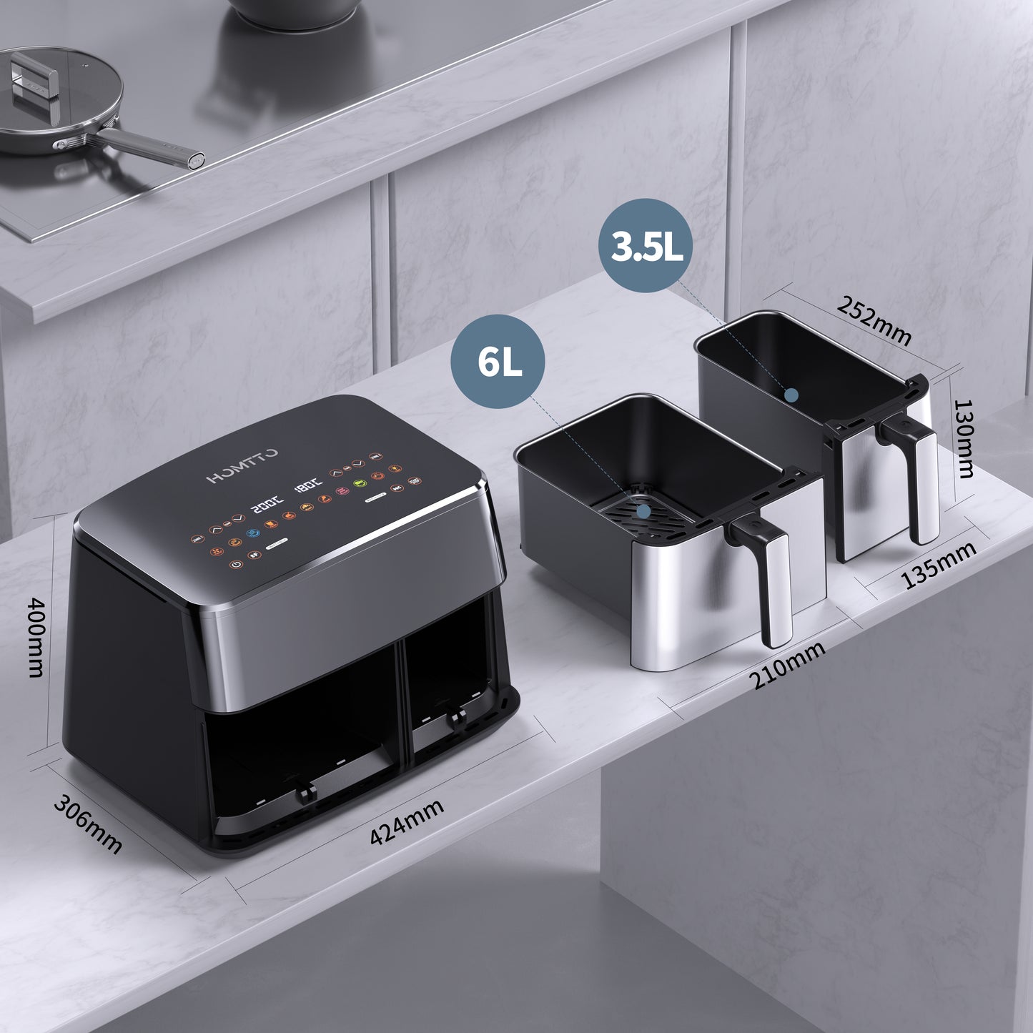 HOMTTO Visible Window Stainless Steel Dual Air Fryer - 9.5L