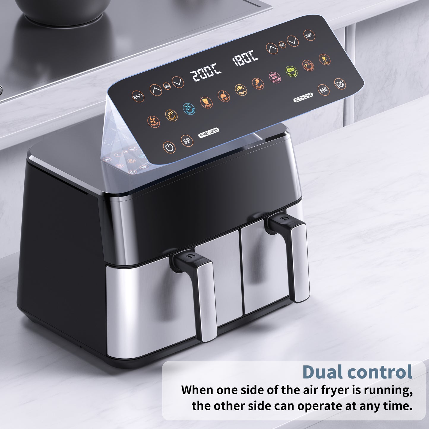 HOMTTO Visible Window Stainless Steel Dual Air Fryer - 9.5L