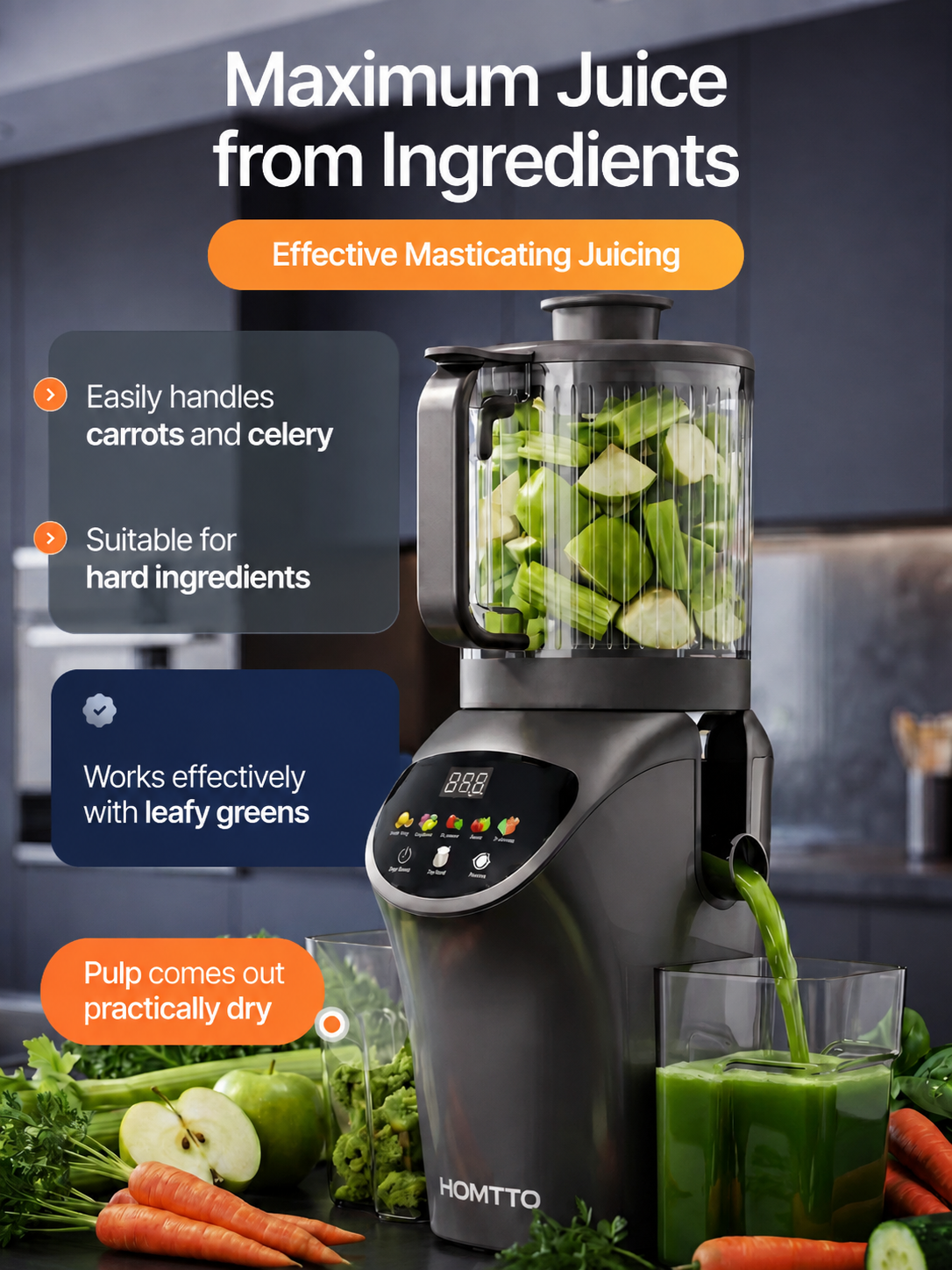 HOMTTO Cold Press Slow Juicer,156mm Feed Chute,Quiet 60dB Juice Extractor