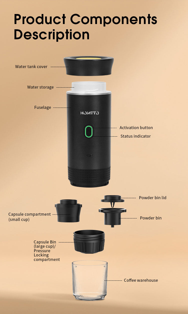 HOMTTO Portable 3-in-1  20 Bar High PressurePortable Espresso Coffee Machine