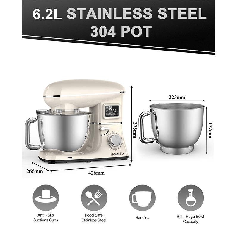 HOMTTO 1500W 3 in 1 Smart Display Stand Mixer 6.2L Stand Bowl 6-Speeds